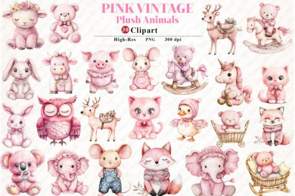 Download Pink Vintage Plush Animals Clipart - Premium Bundle